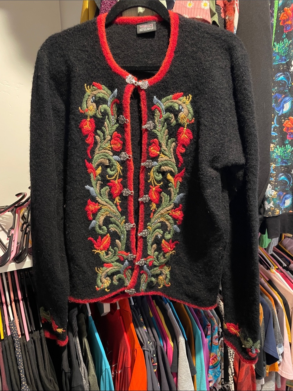 Vintage Black Embroidered Wool Cardigan with Red Trim